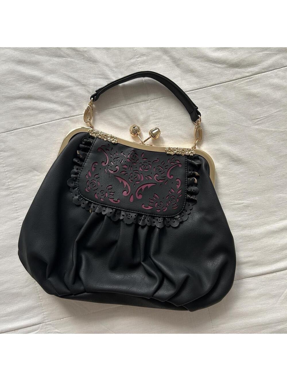 Axes Femme Black Faux Leather Floral Cutout Kiss Lock Handbag Japan